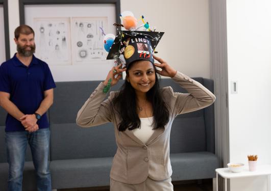 Aishwarya Ravi tries on her graduation hat