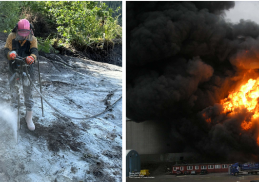 Picture on the left is of man drilling into hard mountain, dust rising from drill. Picture to the right is of a fire following a large explosion.