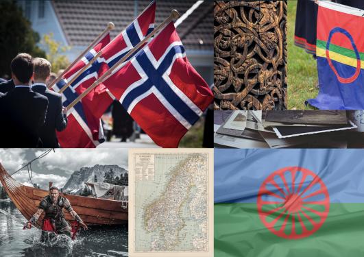 Illustrasjonsbildet viser det norske, samiske og romfolkets flagg, et kart over Norge, samt en viking foran et vikingskip. 