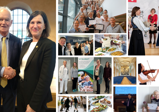 Collage of Bettina and Trond Mohn, pictures of the SEFAS staff, lovely food, people playing musical instruments, elderly people doing activities, and the university aula.