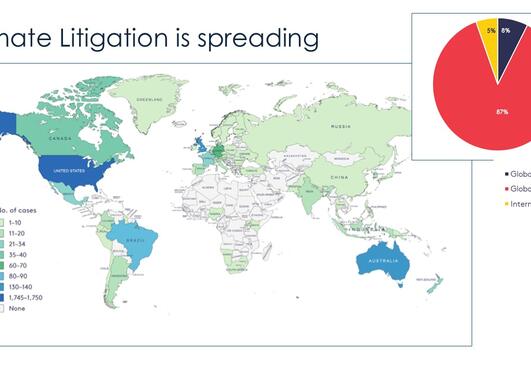 Illustration image showing a world map illustrating the frequency of climate litigation cases worldwide.  The number of cases in each region is illustrated by varying shades of gray (no cases), green and blue (highest number of cases) colours