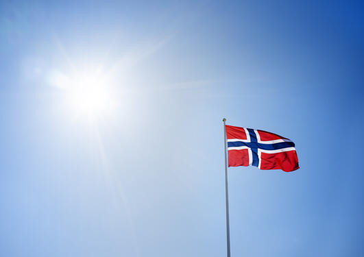 Bilde av det norske flagget i solskinn