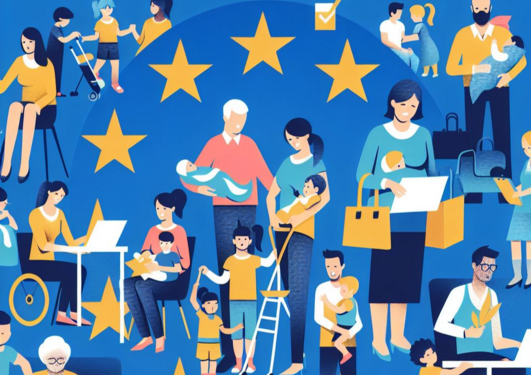 This illustration depicts the EU Work Life-Balance Directive, featuring icons representing parental leave, paternity leave, carers’ leave, and flexible working arrangements. The main color is blue, and the EU stars are included in the design