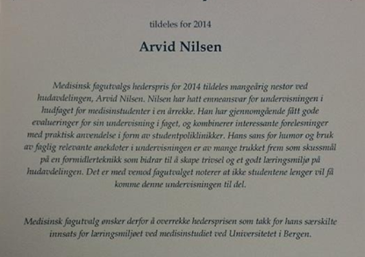 Diplom til Arvid Nilsen med grunngjeving 
