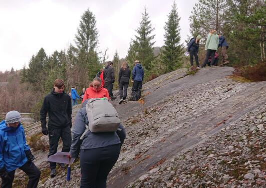 Studenter ute i felt i skråning på fjell