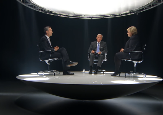 Bildet viser Jens Stoltenberg, Oddvar Steenstrøm og Erna Solberg i programmet "Debatten" på TV2 under stortingsvalget 2013.