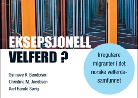 Book cover: Orange and blue neon background on the top half, the title Eksepsjonell velferd? in white and black, authors listed below and the text Irregulære migranter i det norske velferdssamfunnet in black on a blue circle