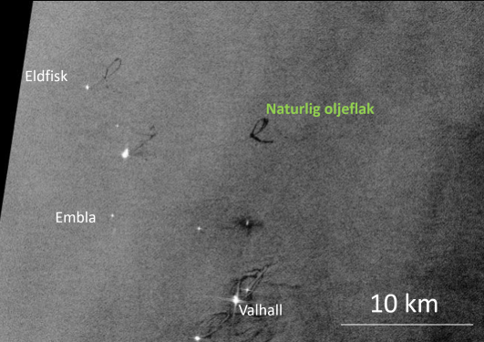 satelittbilde som viser utsipp av olje på havbunnen