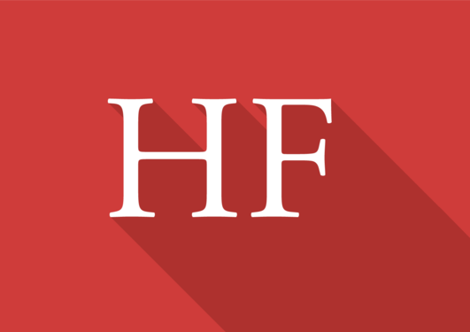 Logo for Humanistisk fakultet. Det står HF i hvit skrift på rød bakgrunn.