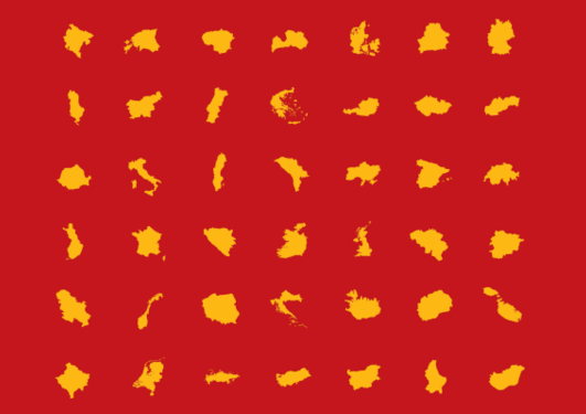 Graphic outlines of European countries in yellow on a red background, used to illustrate article about the Research Group The Borders of Europe.