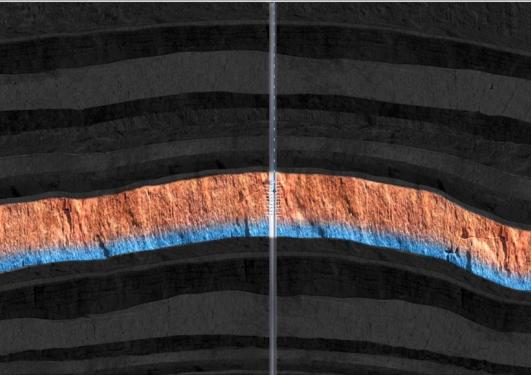 Illustration image showing the different layers in an underground gas reservoir in different shades of grays, with a major brown and a minor blue band in the middle