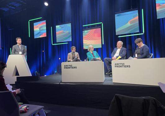 Panel discussions at Arctic Frontiers 2025 on energy transition. From left to right, moderator Tor Eldevik and panellists Torjer Andreas Olsen, Maja Sojtaric, Geir Inge Sivertsen, and Mona Benjaminsen.