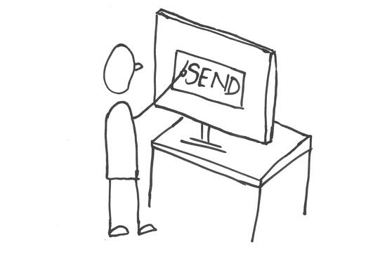 Strekteging av en person som trykker på en send-knapp på PC