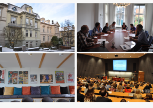 Fire bilder av instituttet: bygningen, møterommet, pauserommet og forelesningssal
