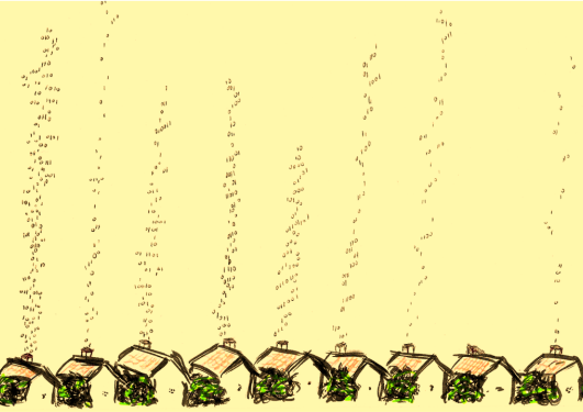 A hand-drawn sketch in coloured pens depicts a small uniform row of houses with data flowing out of their chimneys like smoke.