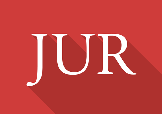 Logoen for Juridisk fakultet. Det står JUR i hvit skrift på rød bakgrunn.