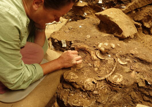 Image of SapienCE researcher Karen van Nierkerk excavating in Blombos Cave