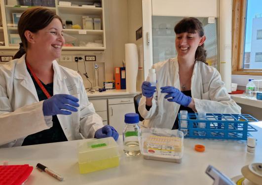 Virginie workin in the lab with colleague