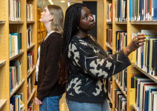 To jenter/studenter står rygg i rygg mellom to hyller på biblioteket og leiter etter bøker. 