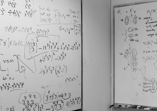 Photo showing two boards full of mathematical riddles, the picture is from the Bergen Algorithms Research Group's offices.