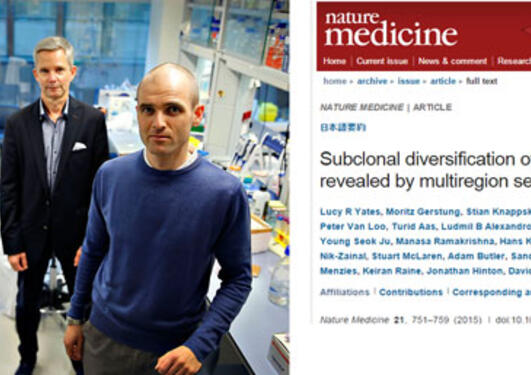 Three of the researchers in the group, and a print of the article in Nature Medicine.