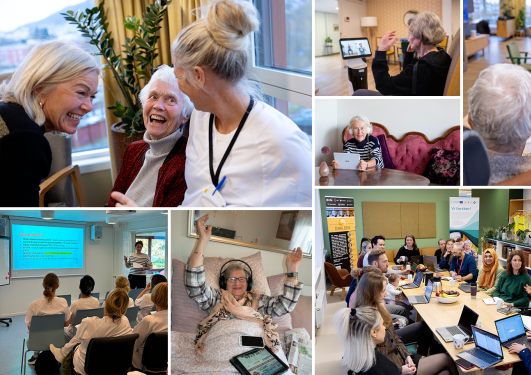 Collage of elderly people living in senior communities or at home, and SEFAS people in meetings and teaching.