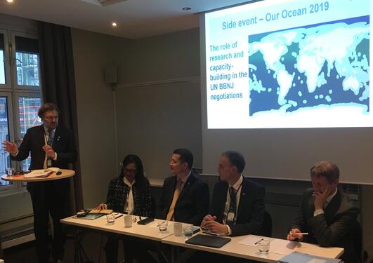 Professor Edvard Hviding moderated panel of Ngedikes Olai Uludong from Palau at UN, CEO Yimnang Golbuu from Palau International Coral Reef Centre, former IOC chair Peter M. Haugan and Kjell Kristian Egge from Norway MFA at Our Ocean 23 October 2019