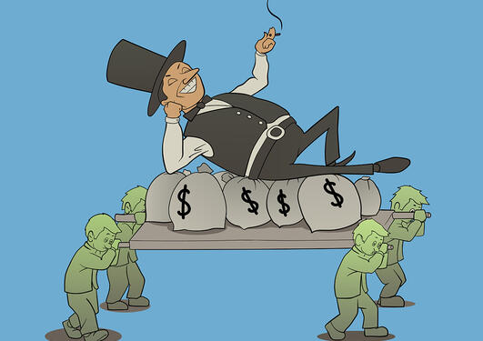 Tegning av mann med flosshatt og sigar som ligger oppe noen pengesekker som bæres av fire arbeidere