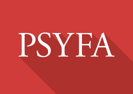 Fakultetslogo for Psykologisk fakultet. Det står PSYFA i hvit skrift på rød bakgrunn.
