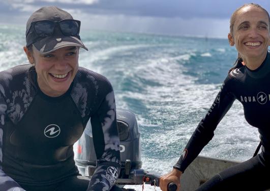 Rachel and Andrea on a boat