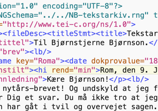Screenshot of letter by Henrik Ibsen with XML metadata