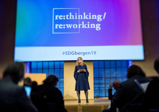 Vice-Rector for Global Relations Annelin Eriksen speaks at the second National SDG Conference at the  University of Bergen on 8 February 2019.