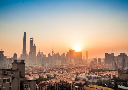 The famous Shanghai skyline seen from behind.