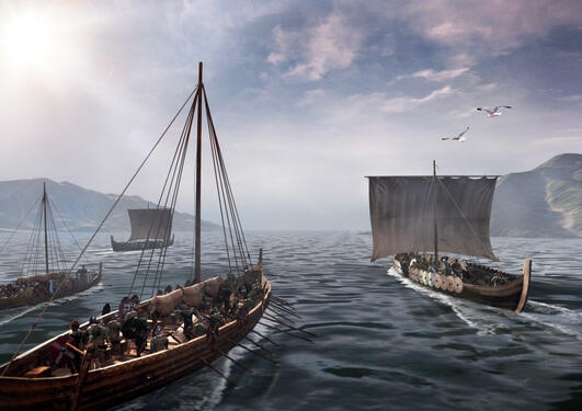 Vikingskip på vei ut fjorden