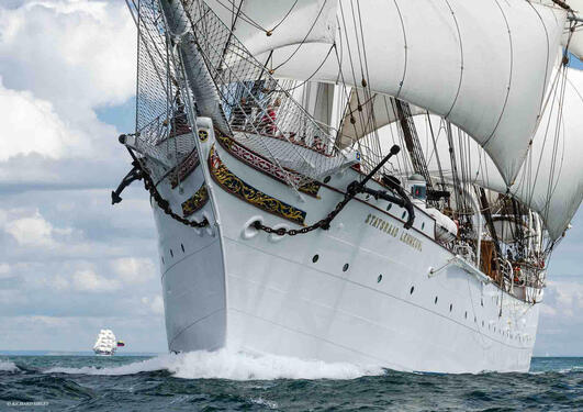 Tall ship Statsraad Lehmkuhl from Bergen in Norway out sailing the seven seas.