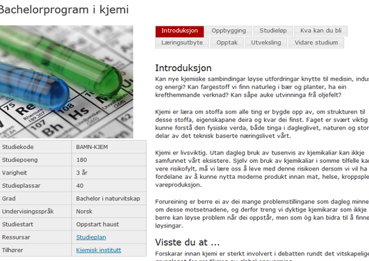 Skjermdump av studieprogram i kjemi. Tekst og bilde av reagensglass