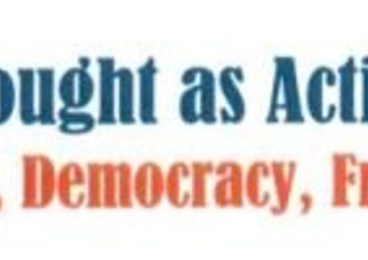 Logo in blue and orange containing the text Thought as Action - Gender, Democracy, Freedom