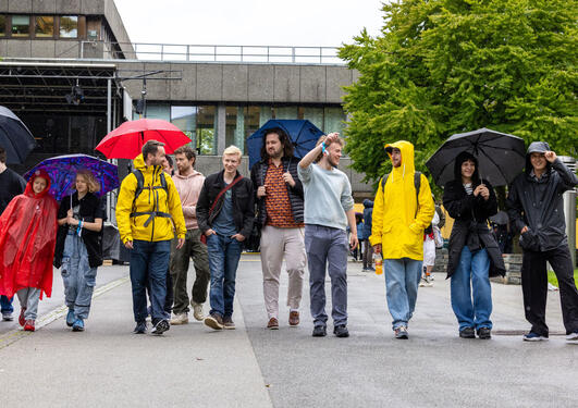 En gruppe studenter går ute i regnvær med regntøy og paraplyer