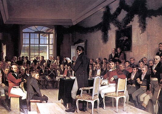 Oscar A. Wergelands maleri, Eidsvoll 1814, henger i stortingssalen.  Her ser...